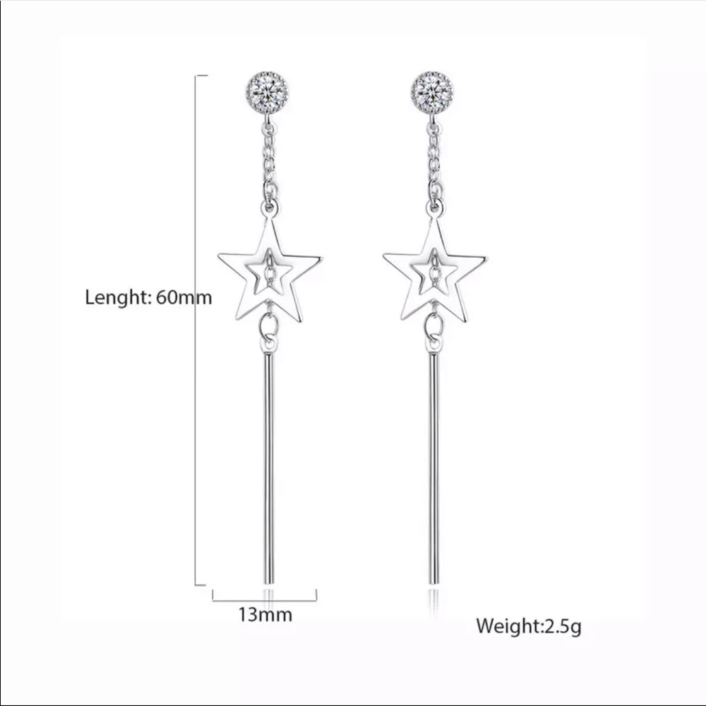 Sterling Silver 925 Star Long Chain Stud Earrings - Picture 4 of 5